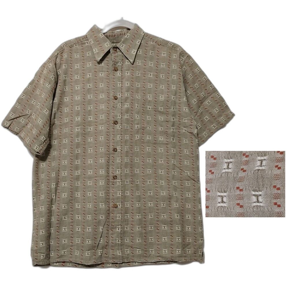 Planks shirt Mens Large brown geometric button up short sleeve Retro Unique